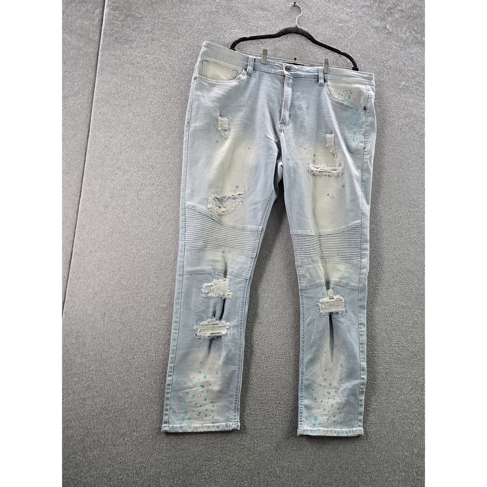 Makobi Men Jeans 42X32 Light Blue Denim Cape‎ Biker Paint Splatter MN783